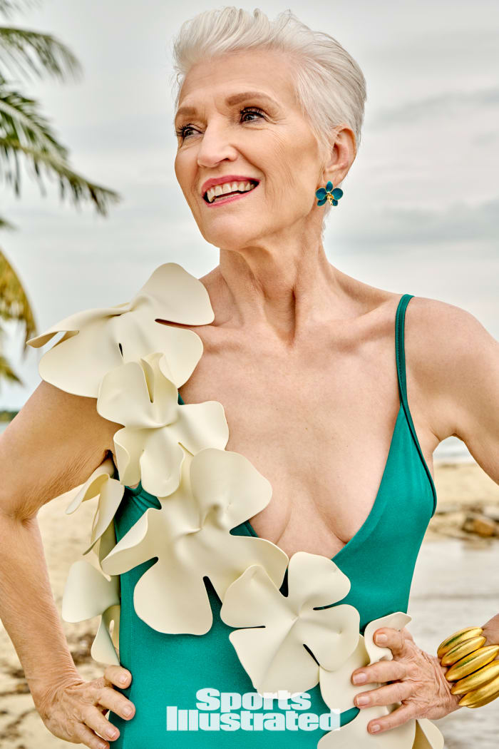 Maye Musk was photographed by Yu Tsai in Belize. Swimsuit BAHIA MARIA. Earrings by Cleopatra's Bling. Bracelet by Viktoria Hayman.